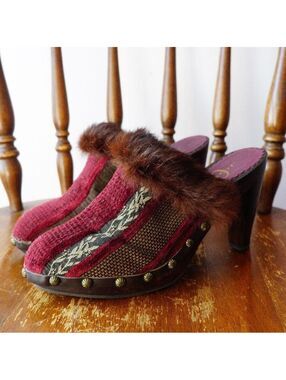 Joey Vintage Red and Brown Fur Trimmed High Heel Clogs 7.5